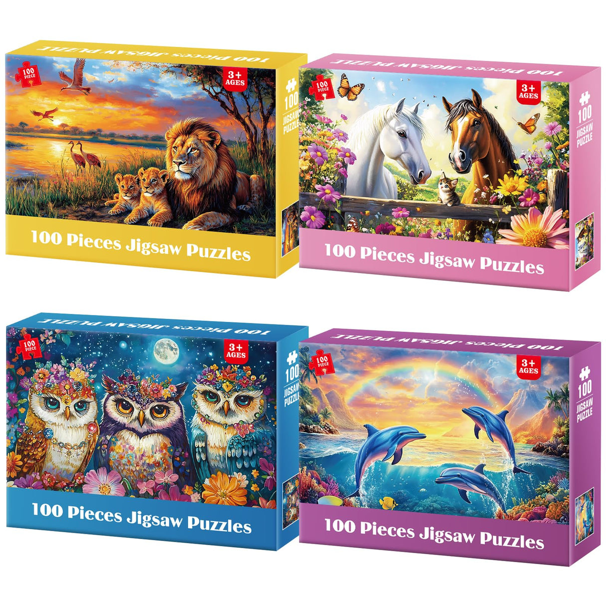 4-Pack Puzzles for Kids Ages 6-8 8-10 Year Old - Lions Horses Owls Dolphins, Large Piece Puzzles for Seniors, 100 Pieces Jigsaw Puzzles for Kids Ages 4-6, Learning Educational Toys for Boys and Girls Jeacirio