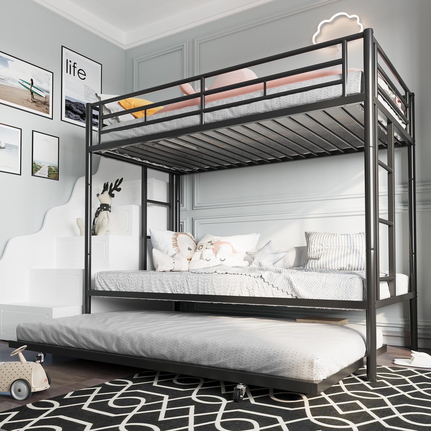 SUNLEI Metal Loft Bed with 2 Secured Ladders, Bunk Bed Twin Over Full with Trundle, Trundle Bed Twin Safety Guard, Space-Saving, Noise Free for Small Bedroom, Black (Modern w/Trundle, Twin Over Twin)