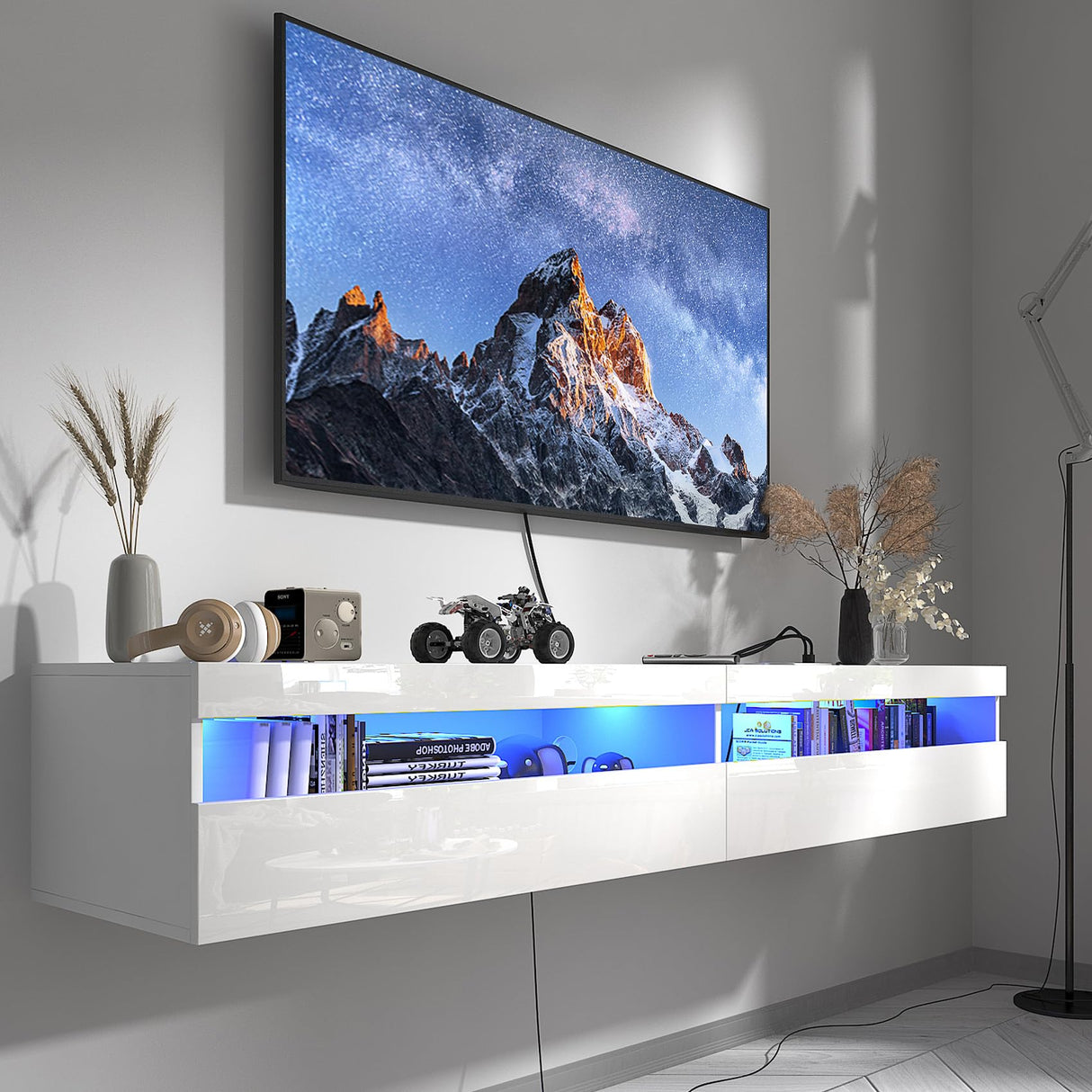Floating TV Stand Wall Mounted with Power Outlet, Modern Floating Entertainment Center for 80 Inch TV, High Gloss Floating TV Shelf with LED Lights for Living Room, Bedroom, White Doredo