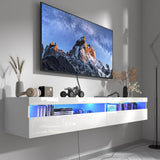 Floating TV Stand Wall Mounted with Power Outlet, Modern Floating Entertainment Center for 80 Inch TV, High Gloss Floating TV Shelf with LED Lights for Living Room, Bedroom, White Doredo
