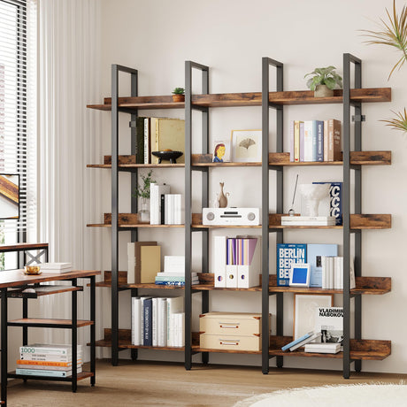 IRONCK Bookcase and Bookshelves Triple Wide 5 Tiers Large Open Shelves, Etagere Bookcases with Back Fence for Home Office Decor, Easy Assembly, Vintage Brown IRONCK
