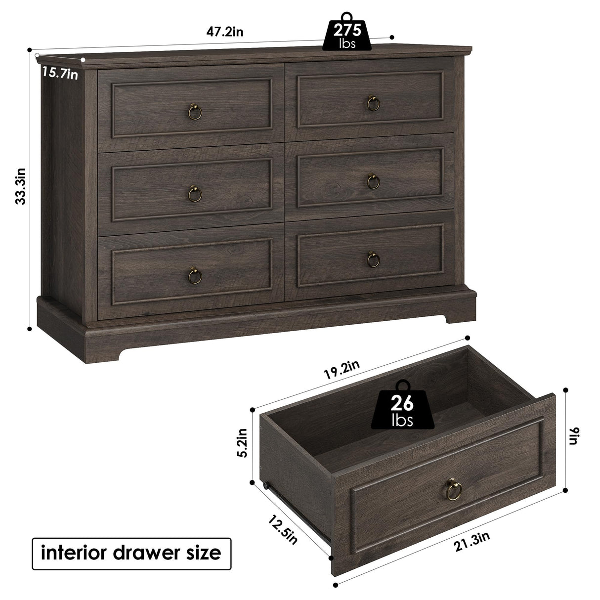 HOSTACK 6 Drawer Double Dresser, Modern Farmhouse Chest of Drawers, Wide Dressers Organizer, Accent Wood Storage Cabinet for Living Room, Hallway, HOSTACK