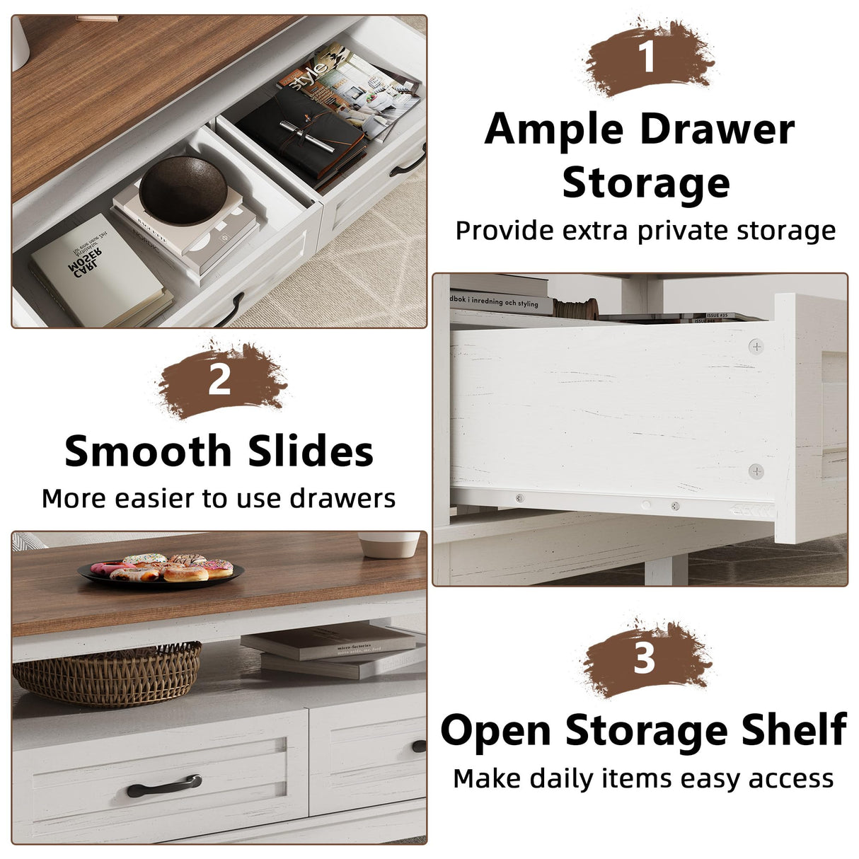 GarveeHome Farmhouse Coffee Table with Drawers, 47.2" Center Table Rustic Coffee Tables White Brown Living Room Table, with Open Shelf and 6 Support Legs GarveeHome