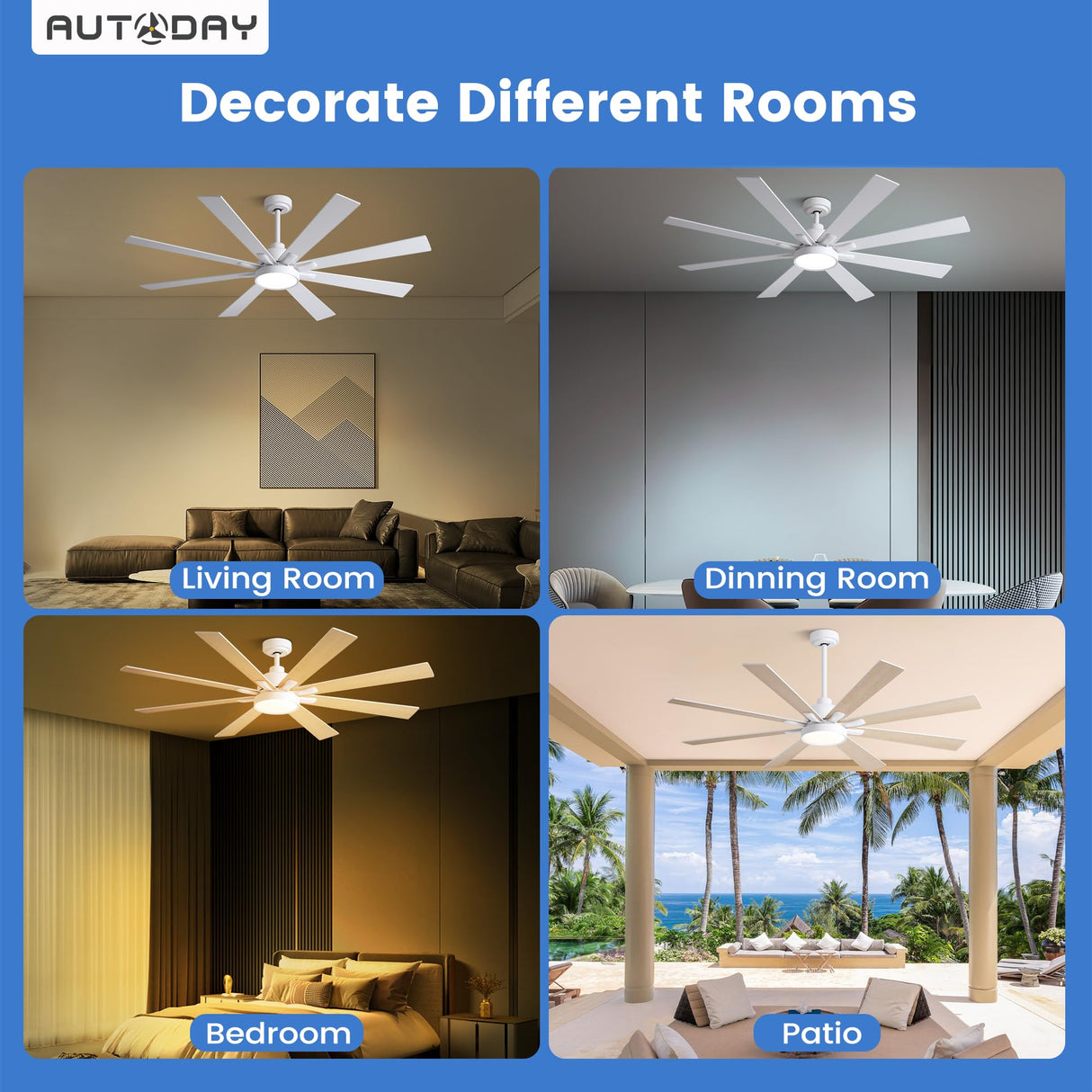 Autoday Large Ceiling Fans with Lights and Remote - 62 Inch White Ceiling Fan with Light, Quiet DC Motor, 3 CCT, Modern Dimmable Lighting & Ceiling Fans for Living Room Patio,Indoor/Outdoor Autoday