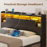 Rolanstar Queen Bed Frame with Headboard, LED Bed with Bookcase Storage and Charging Station, Metal Platform Bed with Glass Shelves, No Box Spring Needed, Noise-Free, Black Rolanstar