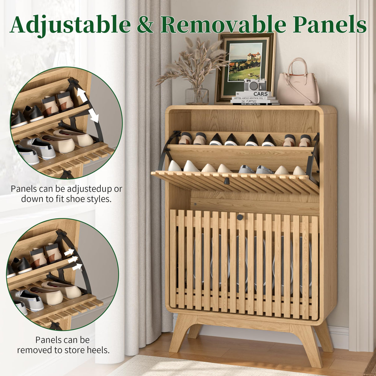 Jluomei Narrow Shoe Cabinet Storage for Entryway Slim, Wood Fluted Entry Way Shoe Organizer, Modern Rack Cabinet with 2 Flip Drawers, Wooden, Farmhouse, Small, Freestanding, Oak, Natural Jluomei