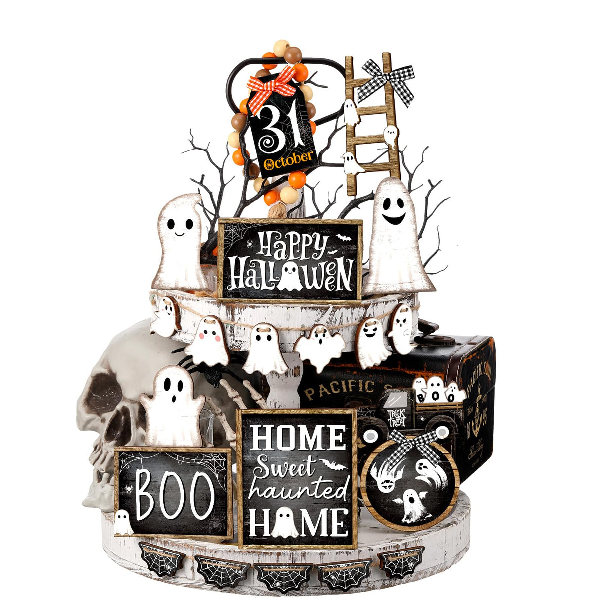 MiniInflat 21 Pcs Halloween Tiered Tray Decor Set Happy Halloween Wooden Signs Rustic Table Centerpieces Farmhouse Tiered Tray Decor for Halloween Home Table Kitchen, Tray Not Included(Ghost) MiniInflat