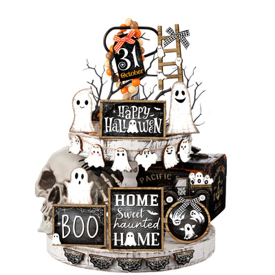 MiniInflat 21 Pcs Halloween Tiered Tray Decor Set Happy Halloween Wooden Signs Rustic Table Centerpieces Farmhouse Tiered Tray Decor for Halloween Home Table Kitchen, Tray Not Included(Ghost)