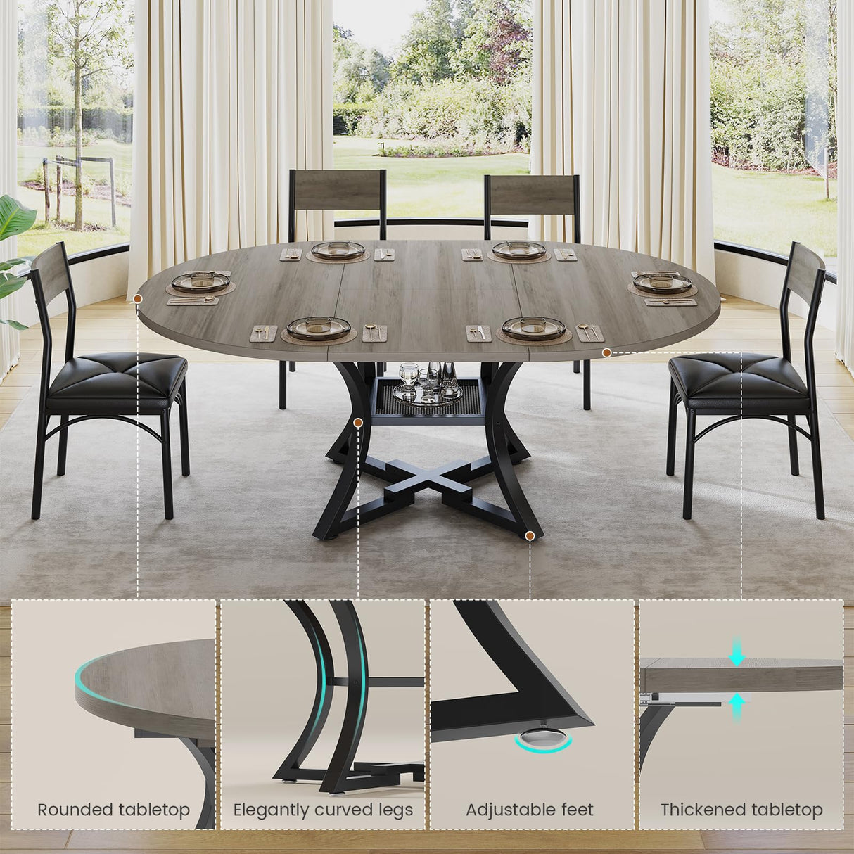 Itaar Round Extendable Dining Table Set for 4-6 People, 5-Piece Kitchen Table Set with 4 Cushion Chairs, Dining Room Table for 6 with MDF Board & Metal Frame for Small Space, Easy Clean, Rustic Grey Itaar