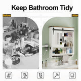 Bathroom Storage Cabinet with Mirror, Wood Farmhouse Medicine Cabinet with Adjustable Shelf, Hanging Bar S-Hooks Hair Dryer Holder, Wall Mounted Cabinet for Laundry Room Kitchen Living Room, White Cakhdry