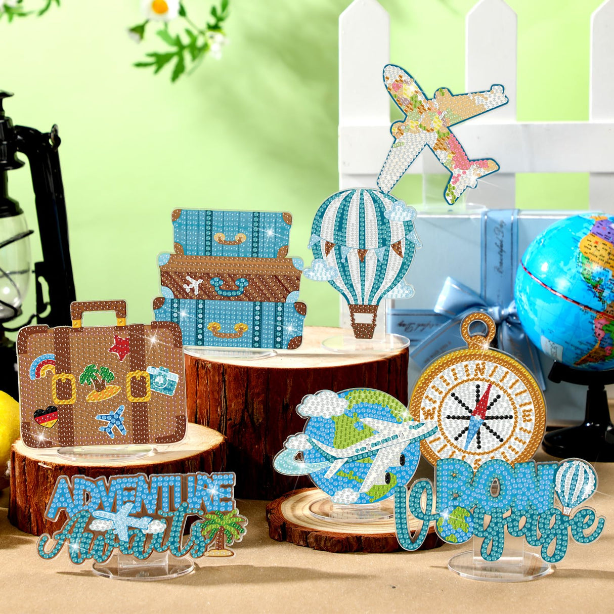 Kosiz 9 Pcs Travel Diamond Art Tabletop Decorations Adventure Awaits Diamond Painting Kits for Adults Double Sided Acrylic Travel Bon Voyage Centerpieces for Table Desktop DIY Crafts Home Party Gifts Kosiz