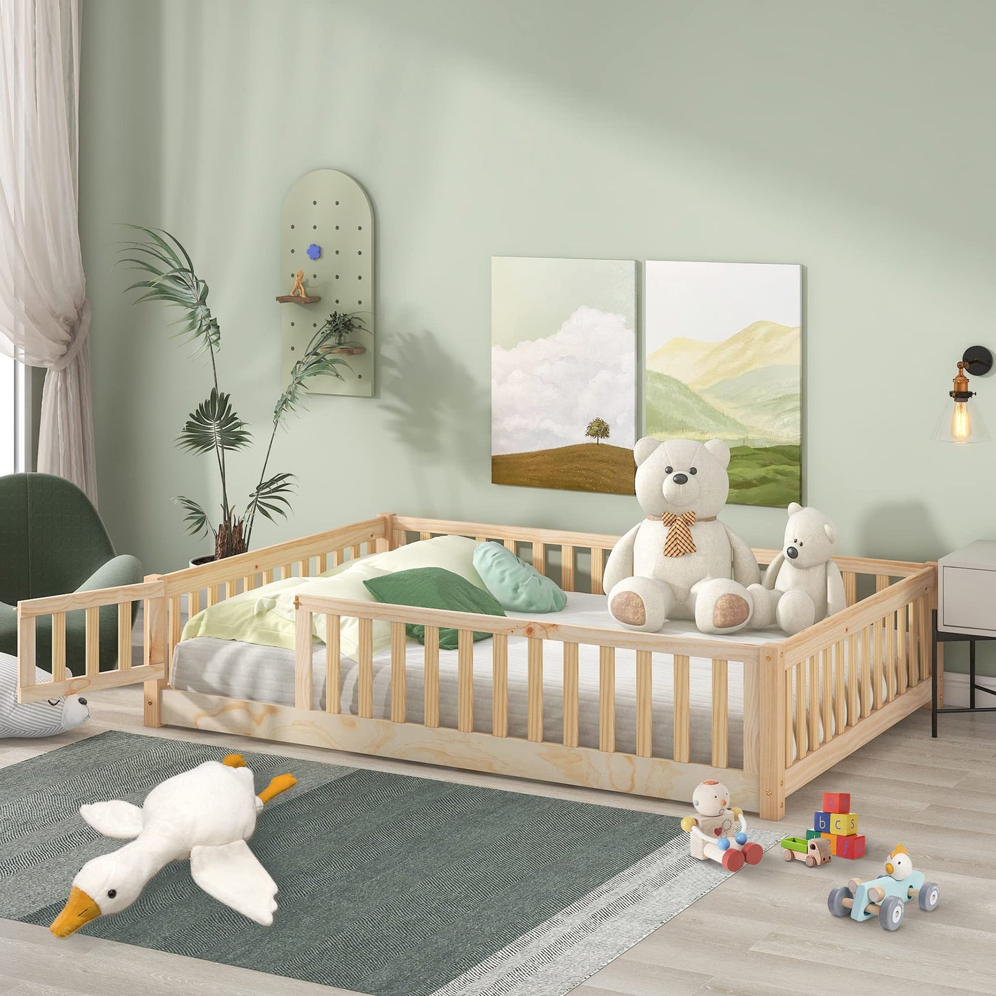 Durable Natural Montessori Full Floor Bed for Children with Safety Fence and Door - WoodArtSupply