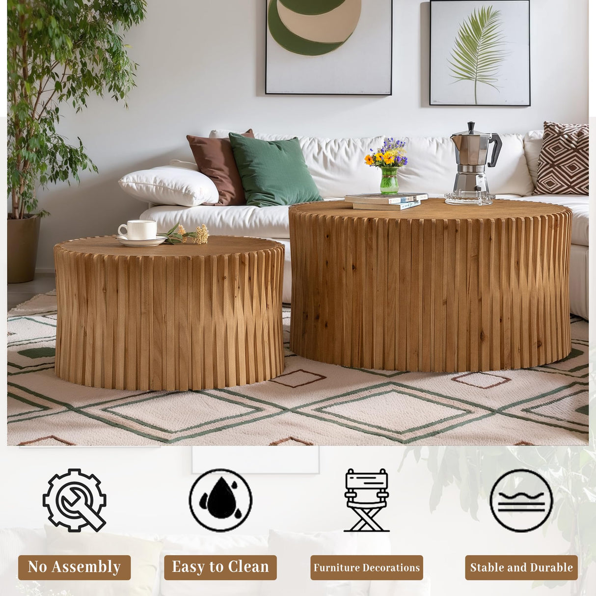 KIGFTSOD Vintage Modern Nesting Coffee Table Set of 2, Round Wooden Table Accent End Table Cylindrical Set with Vertical Textured Embossed Design for Living Room, Apartment (Natural) KIGFTSOD