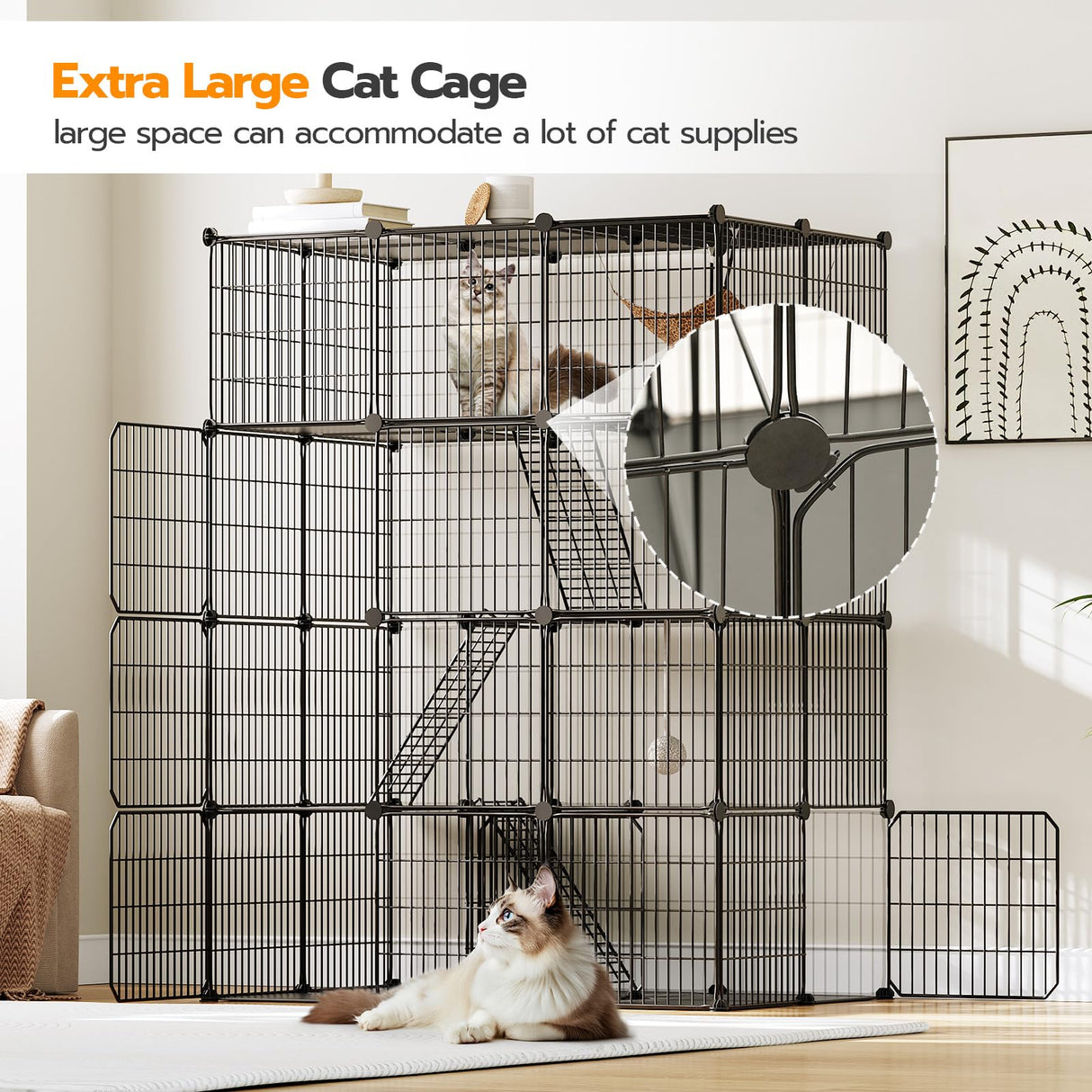 Large Cat Cage, 4-Tier Cat Enclosures Indoor, DIY Cat Kennel Detachable Metal Wire Catio Playpen with Hammock and Hanging Balls, for 1-3 Cats, Ease to Assembly, Black BK02PP03G1N1 HOOBRO