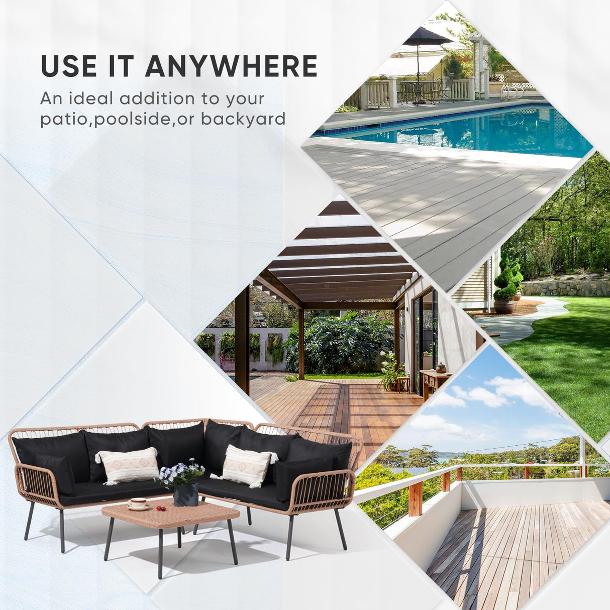 Verano Garden 4 Piece Outdoor Patio Furniture Set, Outdoor Wicker Sectional Couch, Balcony Furniture Set with Cushions & Square Table, Patio Conversation Set for Porch, Backyard (Black, 4PCS Sofa Set) Verano Garden