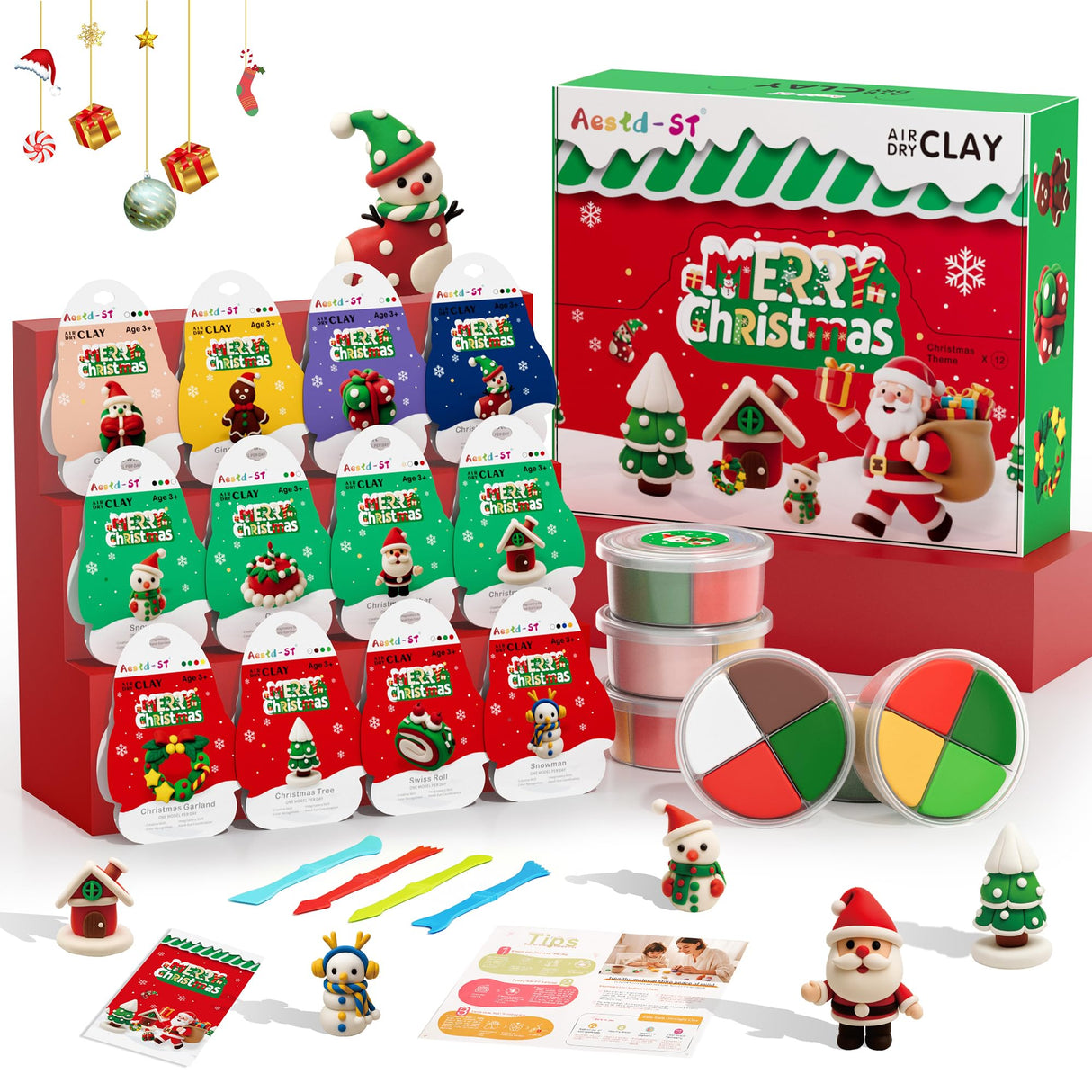 Air Dry Clay Kit - Christmas Theme, Modeling Clay for Kids, DIY Model Magic Clay with Sculpting Tools and Tutorials,12 Boxes Molding Clay, Ultra Light, Soft & Non-Sticky, Arts and Crafts Gift for Kids Aestd-ST