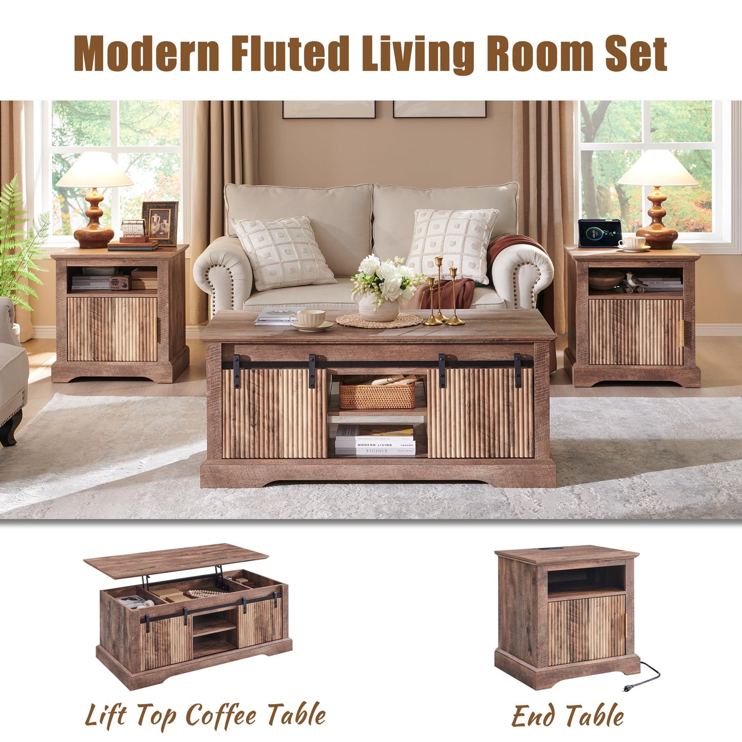 46" Fluted Lift Top Coffee Table with Sliding Door, Modern Center Table w/Adjustable Storage Shelf & Hidden Compartment, Coffee Table Converts to Dining Table for Living Room, Office (Light Brown)