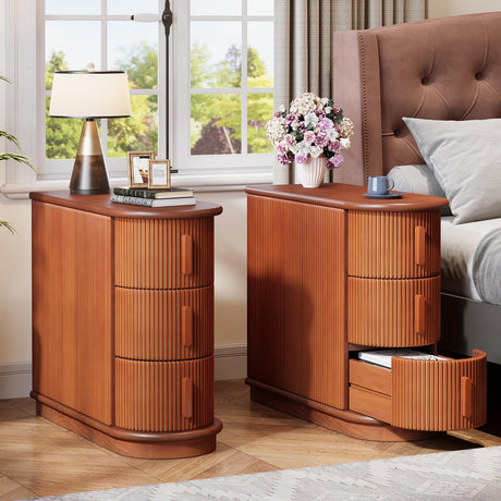 Tribesigns Solid Wood End Table, 3-Drawer Modern Sofa Side Table, Narrow Chair Side Table Slim Nightstand for Living Room, Bedroom, Finished Back, No Assembly Required, Walnut(Set of 2) Tribesigns