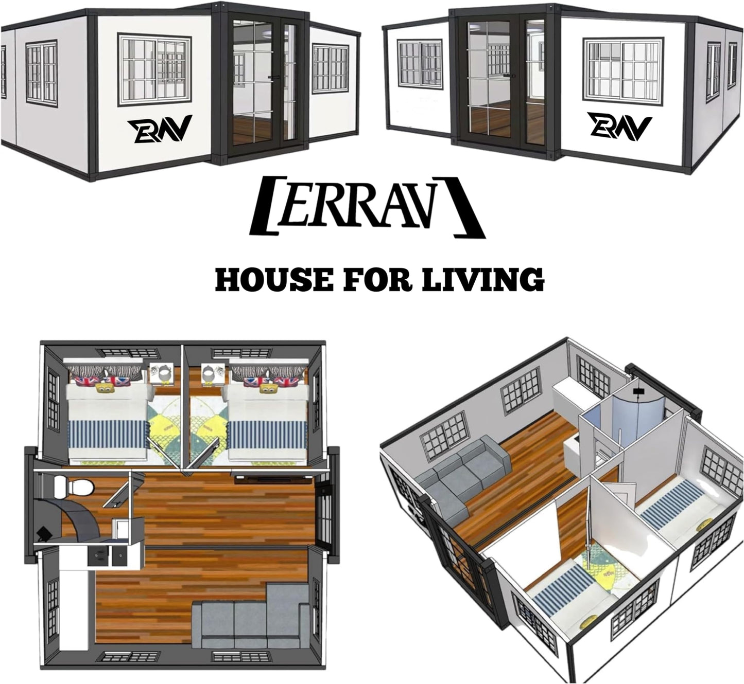 ERRAV Modular Guest House - 19 x 20 FT, Foldable House, Container Home, Portable House, Tiny House for Small Family, Tiny Expandable Prefab House to Live in 1 Bathroom, 2 Rooms, and 1 Kitchen - WoodArtSupply