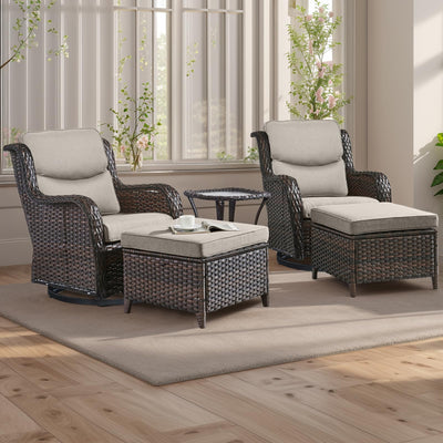 Rilyson Wicker Patio Furniture Set - 5 Piece Rattan Outdoor Sectional Conversation Sets with 2 Swivel Rocking Chairs,2 Ottomans and 1 Side Table for Porch Deck Garden(Brown/Beige/Smile)