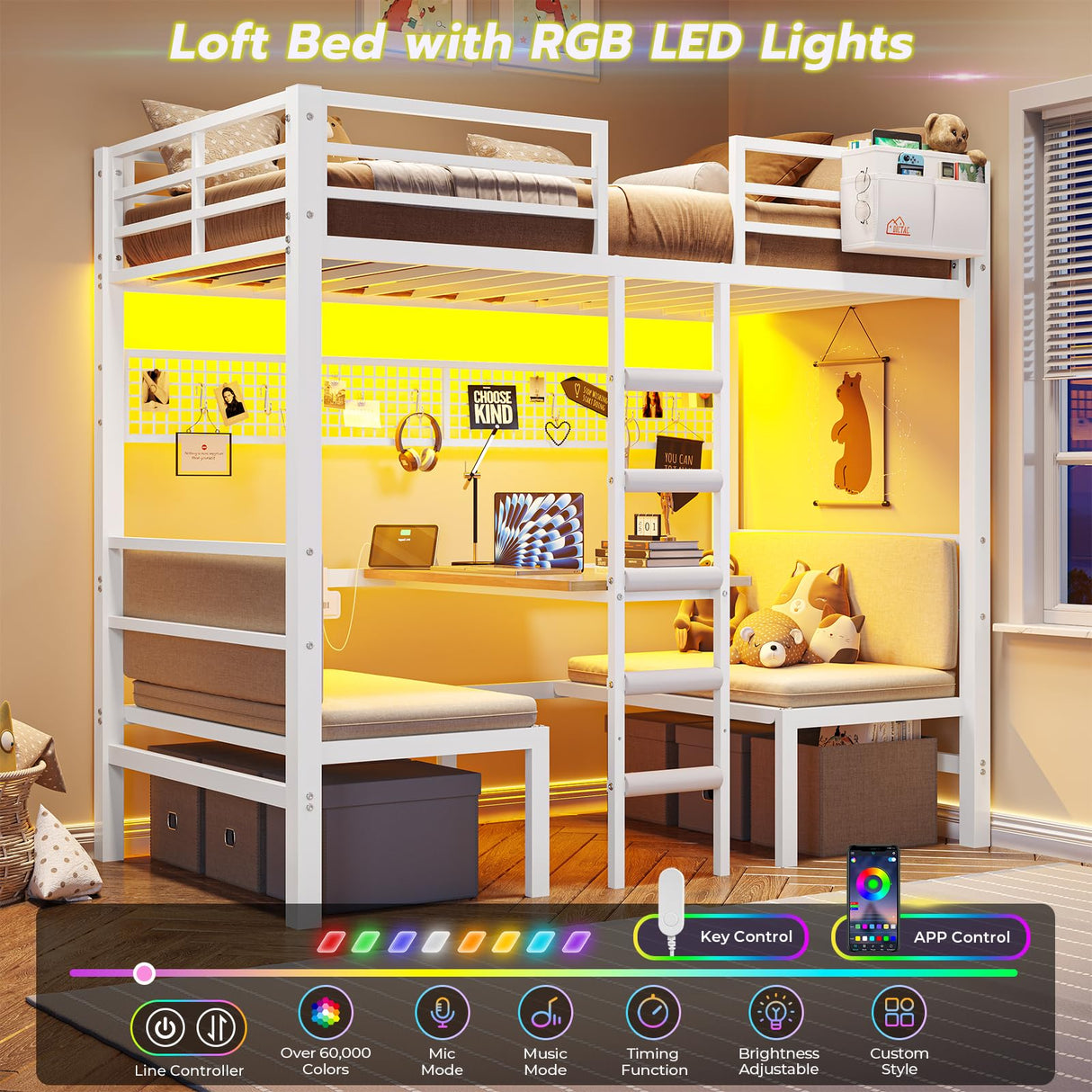 DICTAC Loft Bed Twin Size with Desk and Seat Convertible Twin Over Twin Bunk Bed with Led Lights & Charging Station Metal Bunk Bed with Safety Guard&Stair for Teens,Adults,White(Cushion not Included) DICTAC