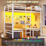 DICTAC Twin Size Loft Bed with Desk and Charging Station Convertible Twin Over Twin Size Bunk Bed with Led Light and Metal Bunk Beds with Desk,Stair and Safety Guard,White(Cushion not Included) DICTAC
