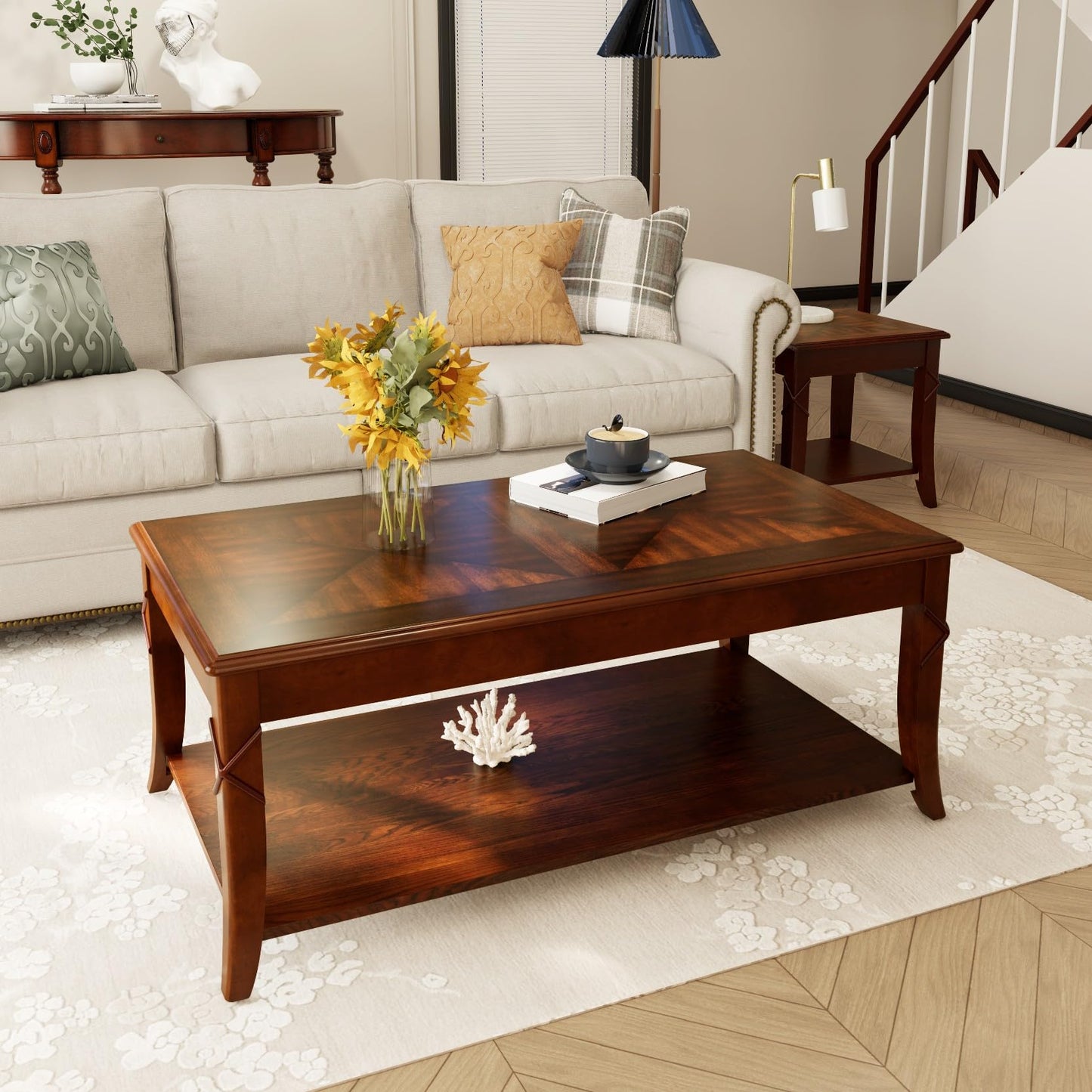 VERDANTREE Solid Wood Coffee Table with Storage Shelf, Mid-Century Living Room Tables with Carved Tabletop and Leg, 43.3” Splicing Cocktail Center Sofa Table, Cherry Brown KFZ-DR200 - WoodArtSupply