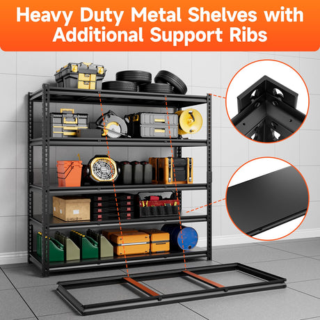 cynnda 5 Tier 60”D X 24”W X 78”H Garage Shelves Heavy Duty 3000LBS Adjustable Metal Storage Shelves for Garages Shops and Basements (Black) cynnda