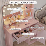 Lareth Makeup Vanity Desk with Lighted Mirror, 39.4 inch Small Vanity Table with Power Outlet, Bedroom Dressing Table, Adjustable Lights & 1 Cabinet 2 Drawers, Gifts for Teen Girls, Light Pink Lareth