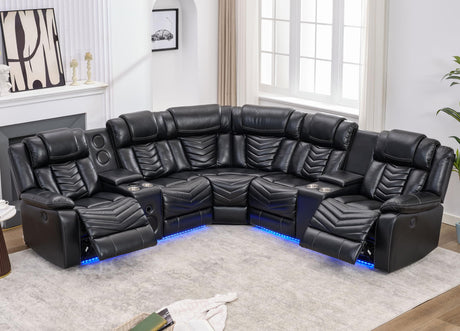 Comfort Stretch Power Recliner Sectional Sofa Couches with Bass Speakers for Living Room, Faux Leather Reclining Corner Sectionals Sofa Couch Sets with LED Light, Electric Theater Recliners Home,Black Comfort Stretch
