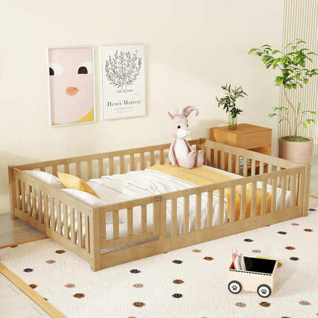 Full Size Floor Bed with Slats and Fence for Kids, Montessori Floor Bed with Door and Safety Guardrails,Wood Full Size Floor Bed Frame, Montessori Bed Full Size for Girls Boys,Natural Bellemave