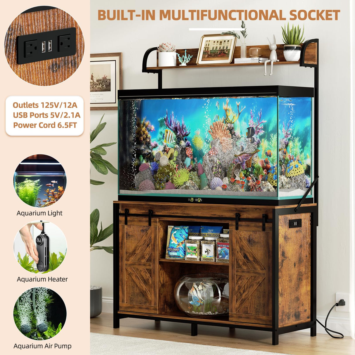 SYESWAY 55-75 Gallon Fish Tank Stand with Power Outlets, Heavy Duty Metal Frame Aquarium Stand with Barn Door, Turtle Reptile Terrariums Stand, 1000LBS Capacity, Brown SYESWAY