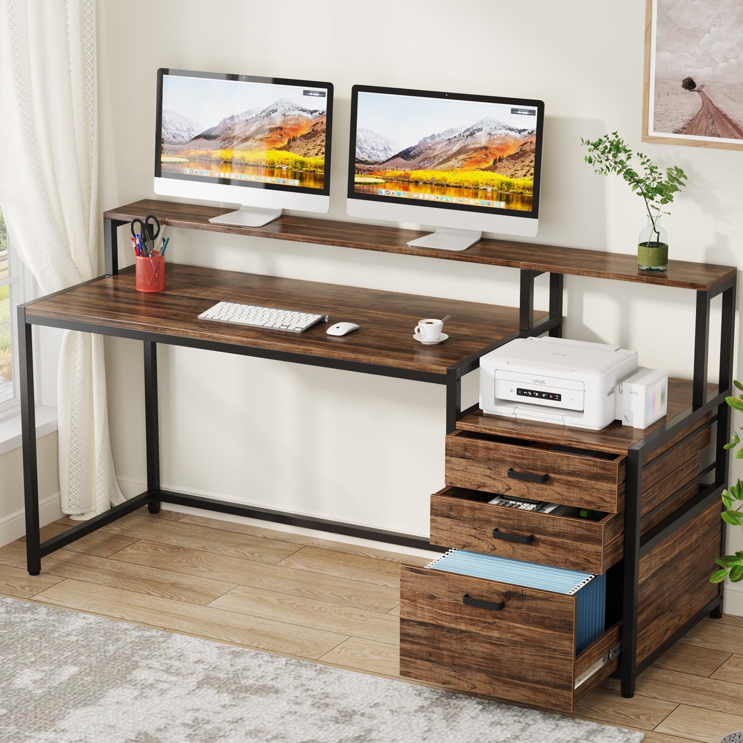 Tribesigns 63 Inch Computer Desk with File Drawer Cabinet, Ergonomic Office Desk with Monitor Stand, Industrial Computer Table with Printer Space, Wood PC Table Workstation Desk for Home Offi - WoodArtSupply