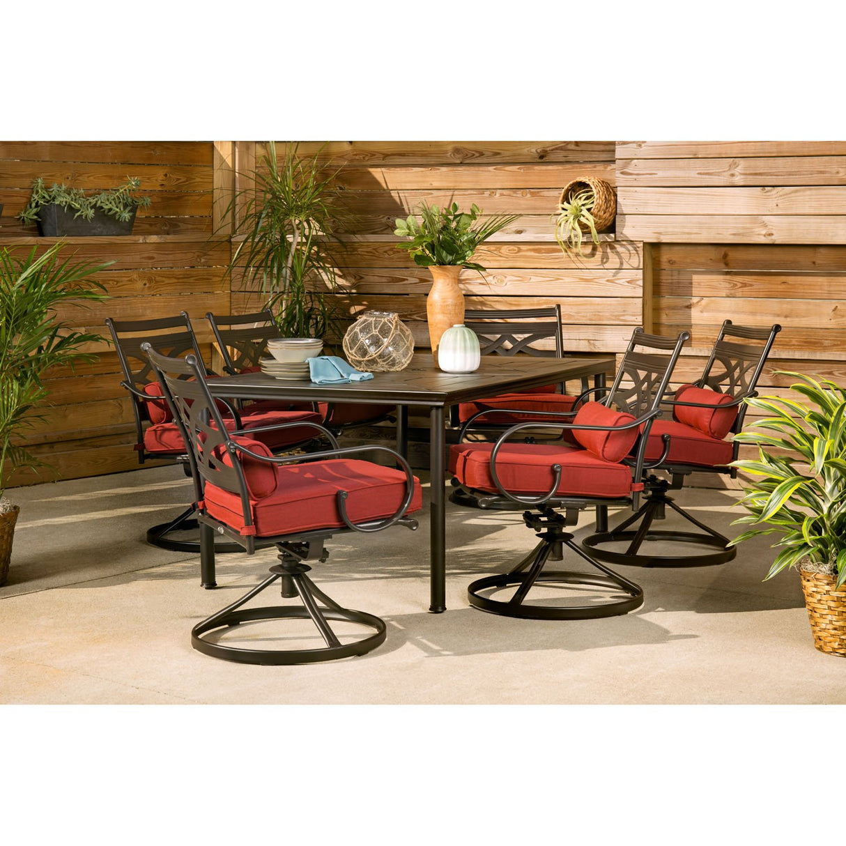 Hanover Montclair 7-Piece Outdoor Dining Set with 6 Swivel Rockers, Chili Red Cushions and Stamped Steel Rectangular Dining Table, Patio Dining Set for 6, Premium All-Weather Patio Furniture for Deck Hanover