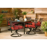 Hanover Montclair 7-Piece Outdoor Dining Set with 6 Swivel Rockers, Chili Red Cushions and Stamped Steel Rectangular Dining Table, Patio Dining Set for 6, Premium All-Weather Patio Furniture for Deck Hanover