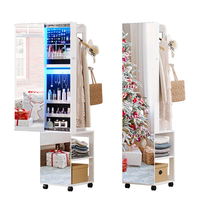 Lvifur 360° Swivel Jewelry Armoire, 63" Full Length Mirror with Jewelry Storage, LED 3 Color Dimmable Jewelry Organizer Armoire, Standing Jewelry Cabinet, Present for Ladies