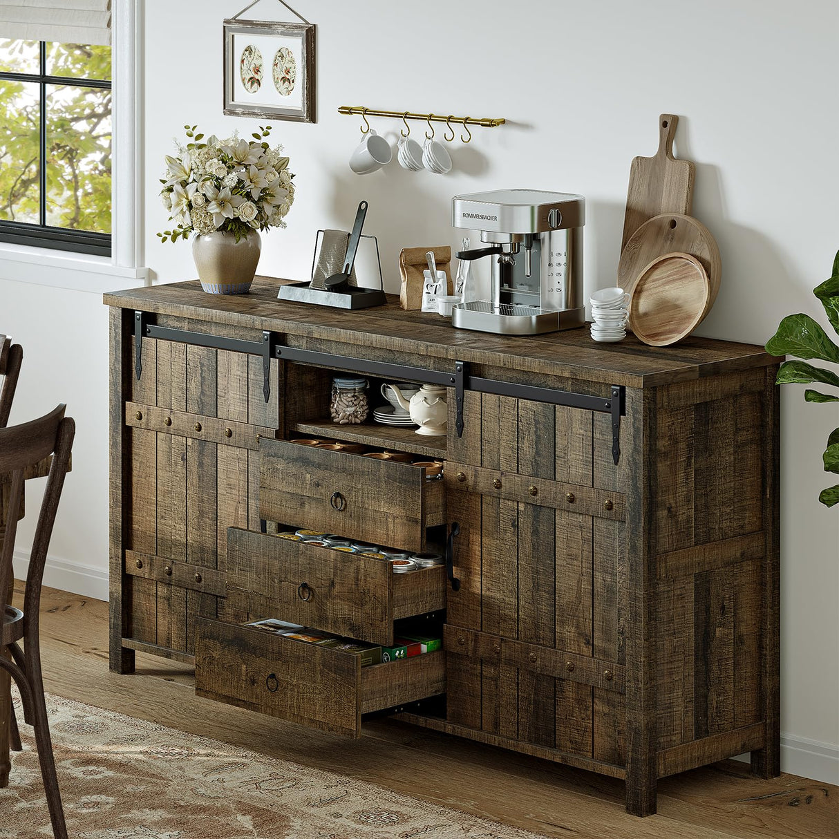 REAHOME 60" Buffet Cabinet with Storage, Farmhouse Sideboard Buffet Cabinet with Sliding Barn Doors & 3 Drawers, Wood Coffee Bar Cabinet Buffet Table for Kitchen, Dining Room, Rustic Brown REAHOME