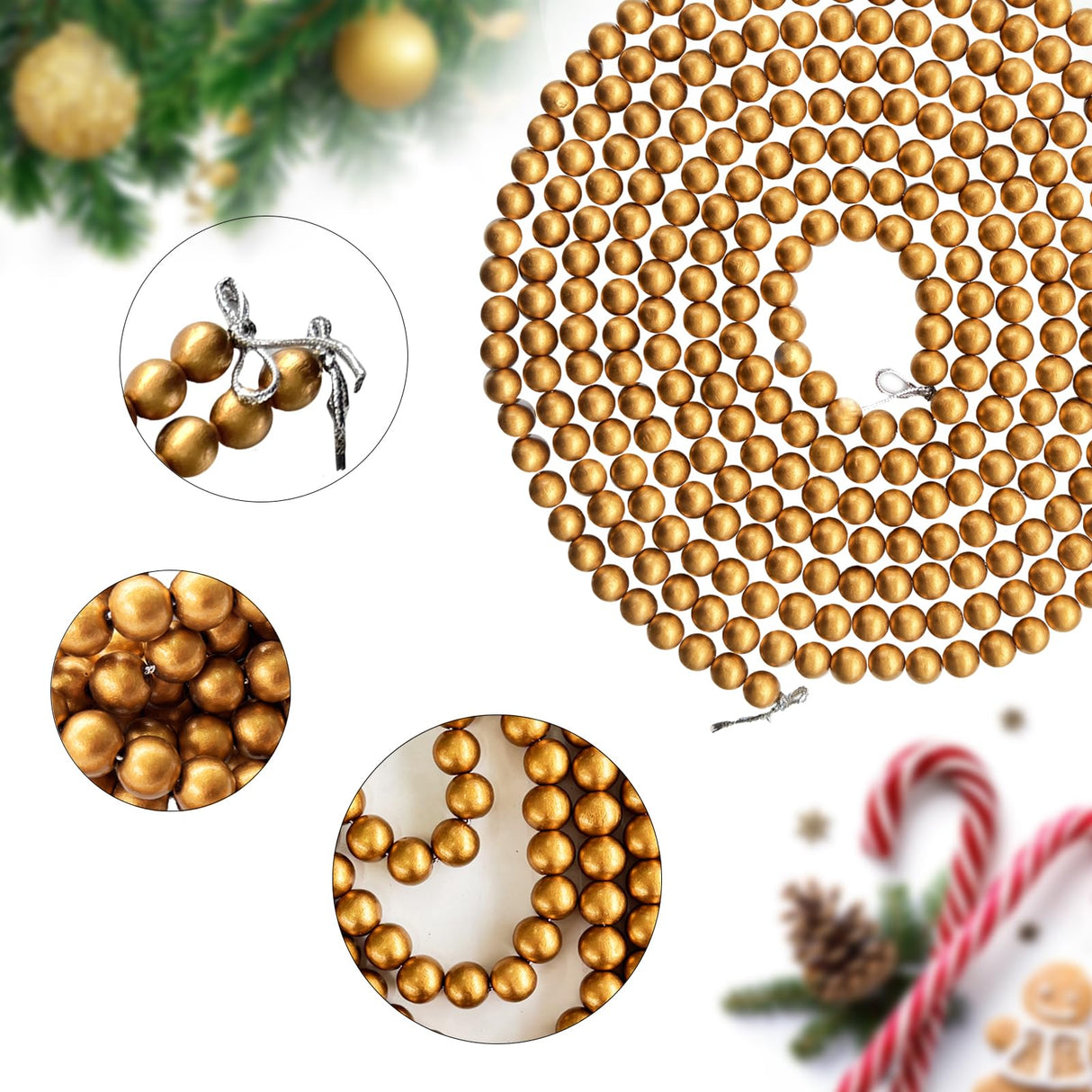 314 inch Christmas Wood Bead Garland,Gold Decorated with Christmas Tree Ornament,2 Pcs Farmhouse Bead Garland for Christmas Decoration Supplies(157 inch/1 Pcs) Eerrhhaq