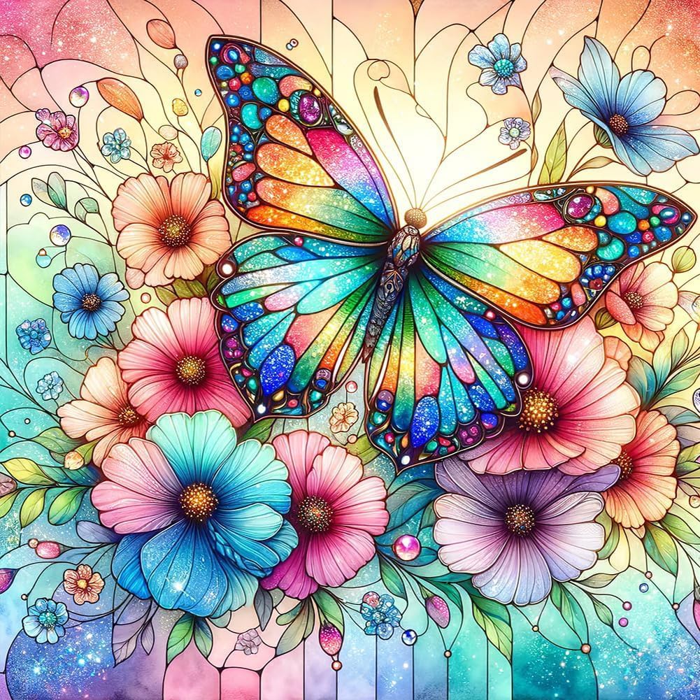 EIBEILI Diamond Painting Kits for Adults, Butterfly Flower 5D Diamond Art Kits for Beginner DIY Full Drill Diamond Dots Crystal Craft Kits for Home Wall Decor Gifts(12X12 Inch/Butterfly) EIBEILI