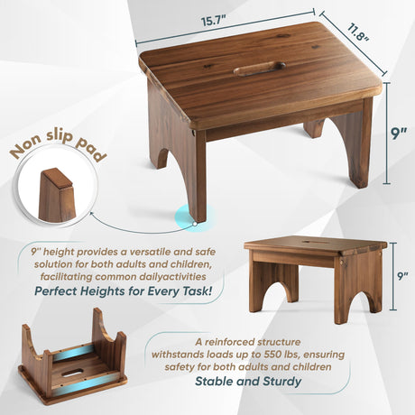 FANATU Wooden Step Stool, 9in One Step Stool for Adults, Wooden Beside Step Platform with 550 Load Capacity, Heavy Duty/Portable/Nonslip/Durable Construction Safe Step Support for Bedroom/Home Kitchen FANATU