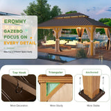 EROMMY 12' x 22' Gazebo, Wooden Finish Coated Aluminum Frame Canopy with Double Galvanized Steel Hardtop Roof, Outdoor Permanent Metal Pavilion with Curtains and Nettings for Patio, Backyard and Deck EROMMY