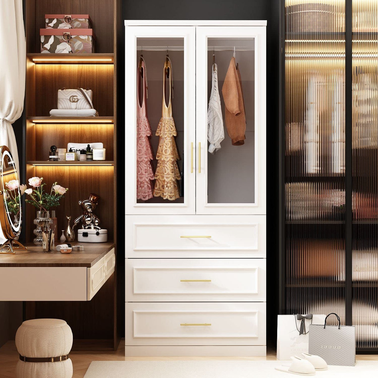 FAMAPY Wardrobe Closet with 2 Glass Doors & 3 Drawers, Armoire Wardrobe Closet with Hanging Rod, Gold Metal Handles, Bedroom Armoire Closet White (31.7”W x 19.3”D x 74.9”H) FAMAPY