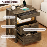 Farmhouse LED Nightstand with Gun Drawer&Invisible Lock,Modern Bedside Table with Human Sensor Design,Rustic Side Table with Wireless Charging for Living Room, Dark Oak FREDEES