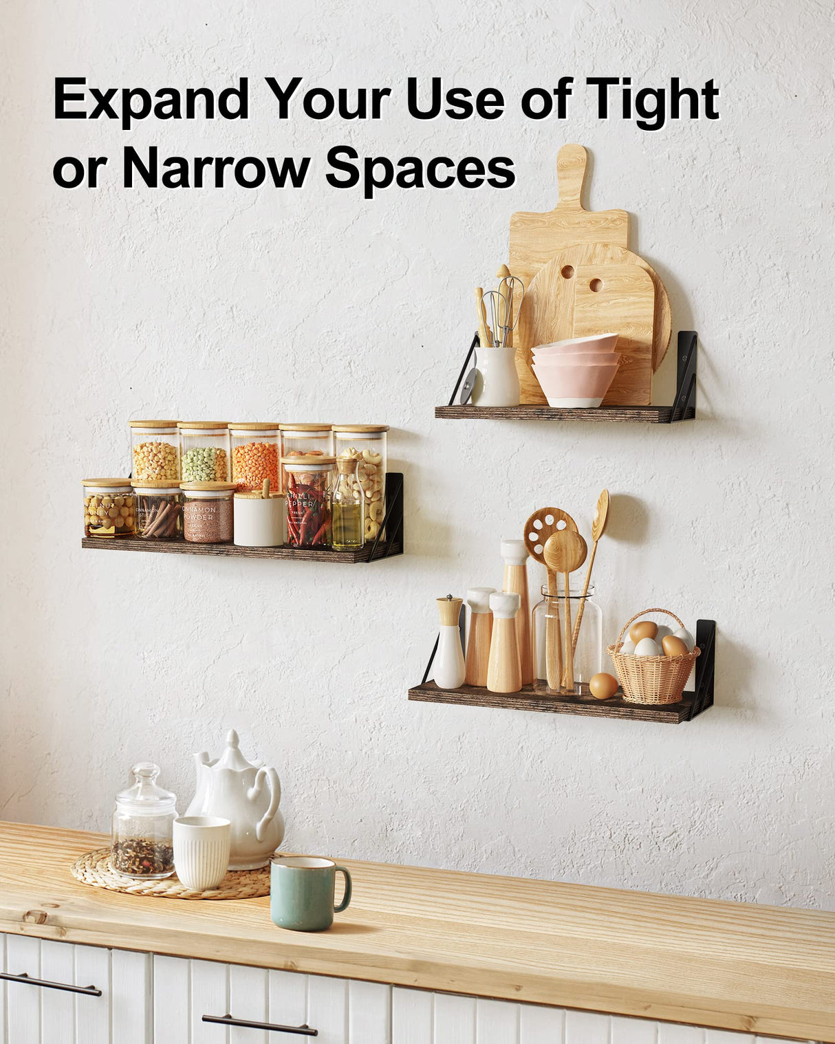 BAYKA Wall Shelves for Bedroom Decor, Floating Wall Shelves for Living Room Kitchen Storage, Wall Mounted Rustic Wood Floating Shelves for Kids Books, Small Shelf for Bathroom(Rustic Brown，Set of 3) BAYKA