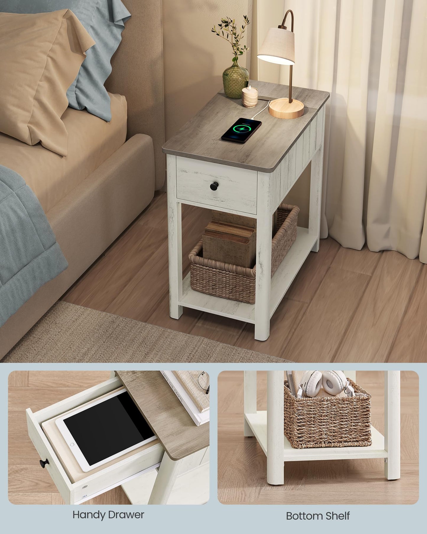 VASAGLE Side Table with Charging Station, End Table with USB Ports and Outlets, Nightstand with Storage, for Living Room, Bedroom, Modern Farmhouse Style, Vintage White and Heather Greige ULET318W73