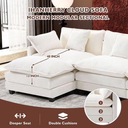 Ihanherry 111.4" L Shaped Modern Sofa Modular Sectional Cloud Couch with Ottoman, 4-Seat Chenille Deep Seat Sofa with Pillow for Living Room, Bedroom and Apartment, Beige