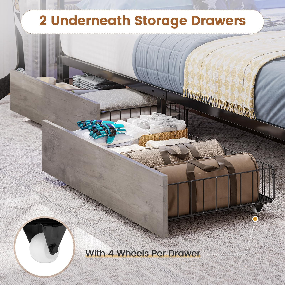 Hasuit Full Corner Bed Frame with Storage Bookcase, Full Size Daybed with 2 Underneath Storage Drawers, Kids Bed Unit with Charging Station and LED Light, Modern Teenagers Bedframe, Oak Gray Hasuit