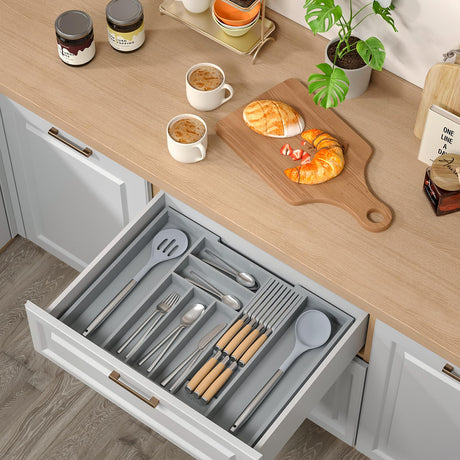 TIOPGHAD Bamboo-Silverware-Drawer-Organizer-Kitchen, Expandable Utensil Holder Cutlery Tray Flatware Organization Adjustable Wood Tableware Dividers Storage (with Removable Knife Block)(Grey) TIOPGHAD