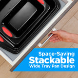 NutriChef 15-Piece Baking Pan Set - Flexible Nonstick Coating Carbon Steel Bakeware - Professional Home Kitchen Bakeware with Stackable Cookie Sheet Trays and Red Silicone Handles (Black) NutriChef