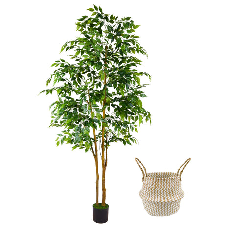 Warmplants Artificial Ficus Tree, 7ft Silk Fake Ficus Leaves Plant with Basket, Indoor Outdoor Faux Green Tree for Home Garden Office House Livingroom Décor Warmplants